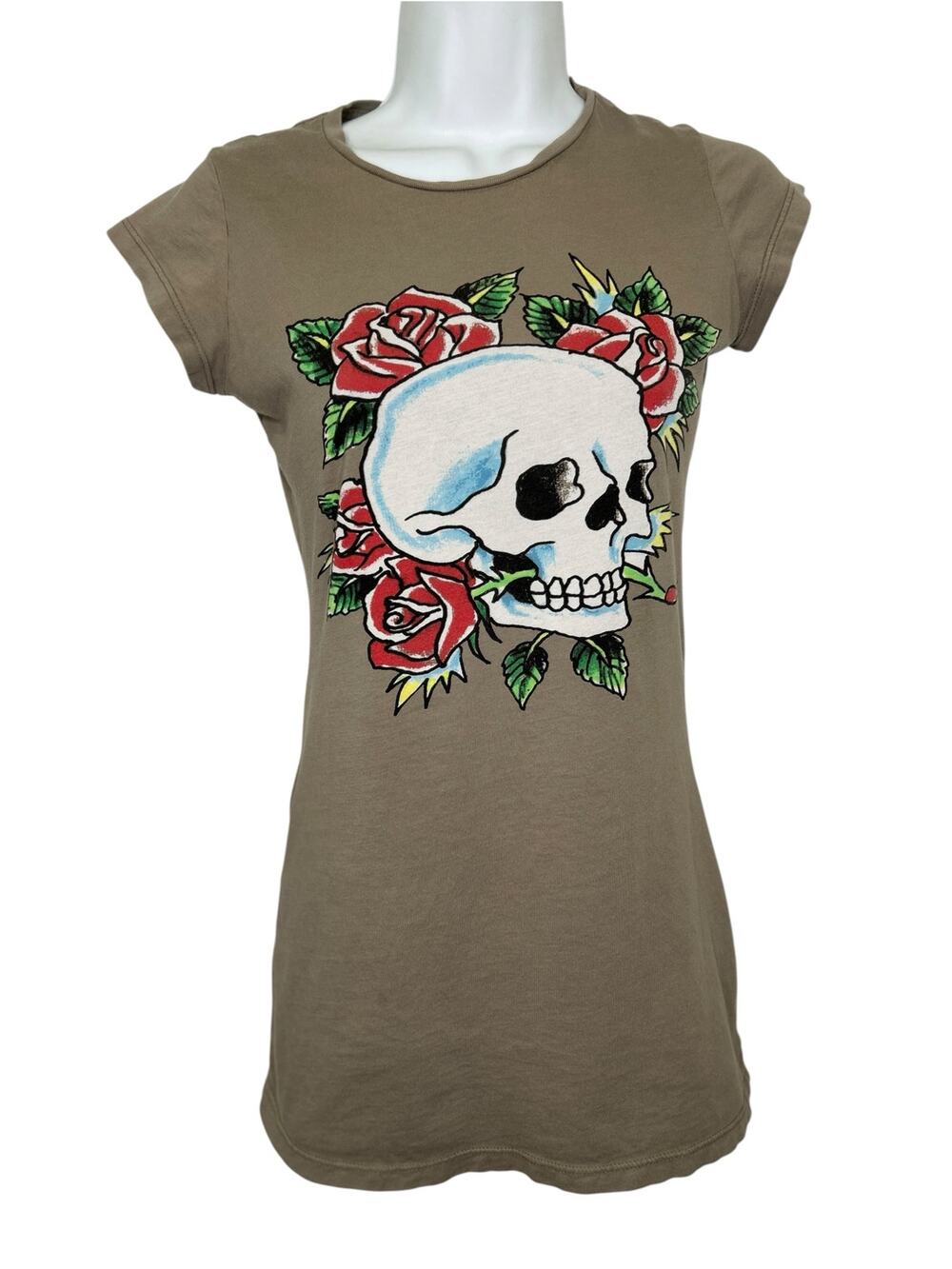Ed Hardy Light Brown Skull Roses Graphic Short Sleeve TShirt Womens Med